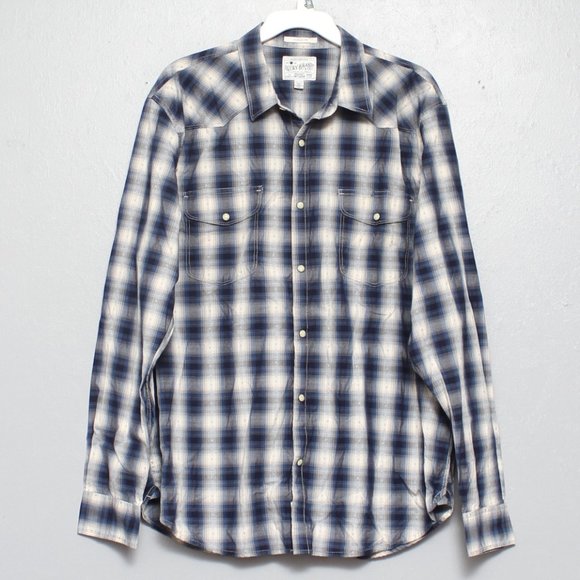 Lucky Brand classic fit Pearl snap blue white plaid cotton button up - Picture 1 of 6